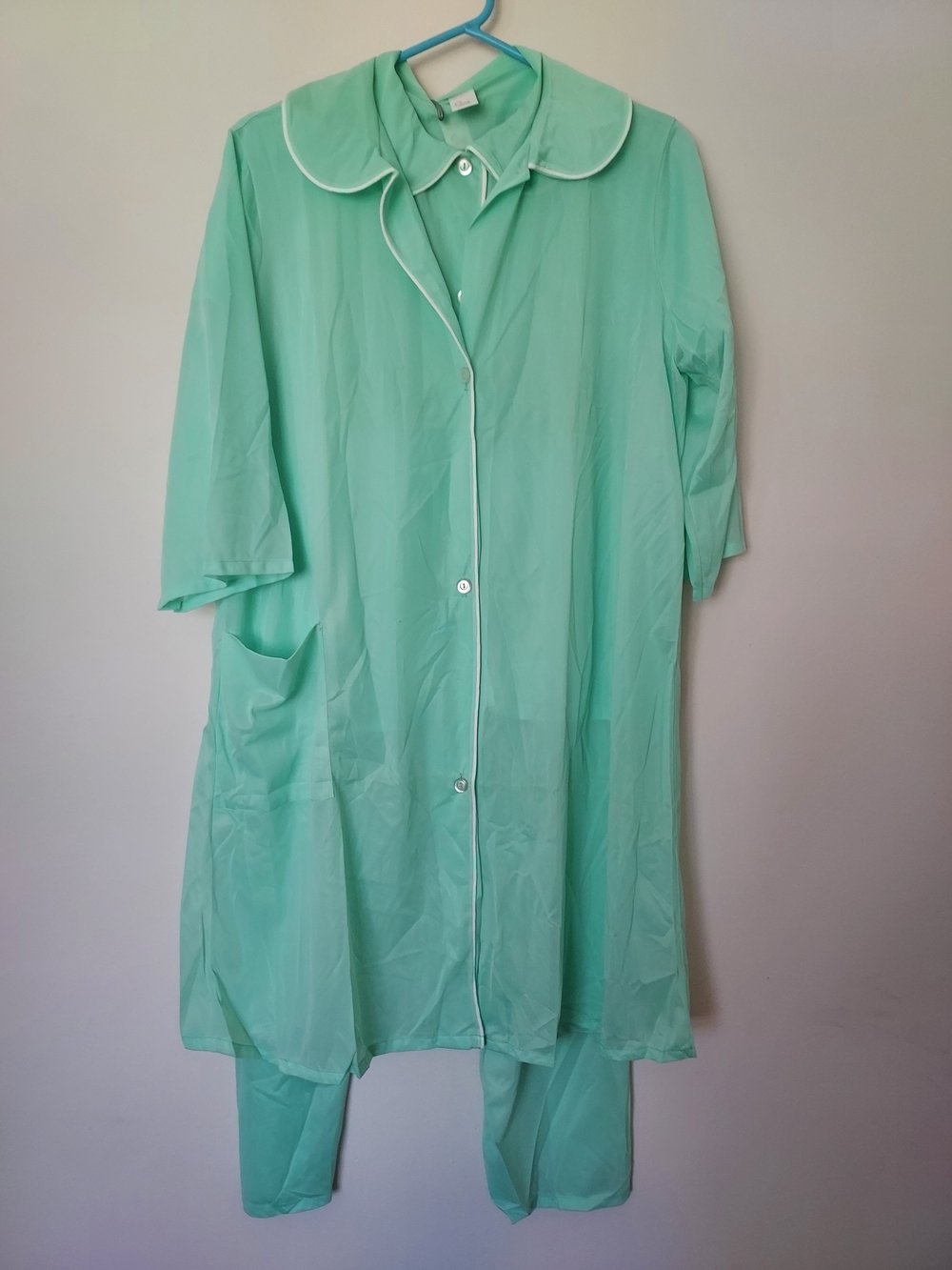 Vintage Sears Mint Green Three-Piece Pajama Robe Set White Piping Size 36 Large
